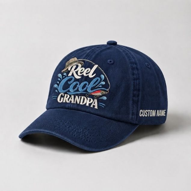 Reel Cool Grandpa Custom Name Embroidered Hat, Vintage Washed Fishing Grandpa Cap, Angler Grandfather Gift