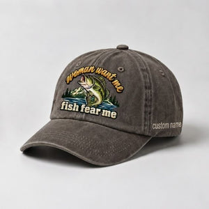 Women Want Me Fish Fear Me Largemouth Bass Embroidered Custom Name Fishing Cap, Mountain Lake Fishing Gift - 5