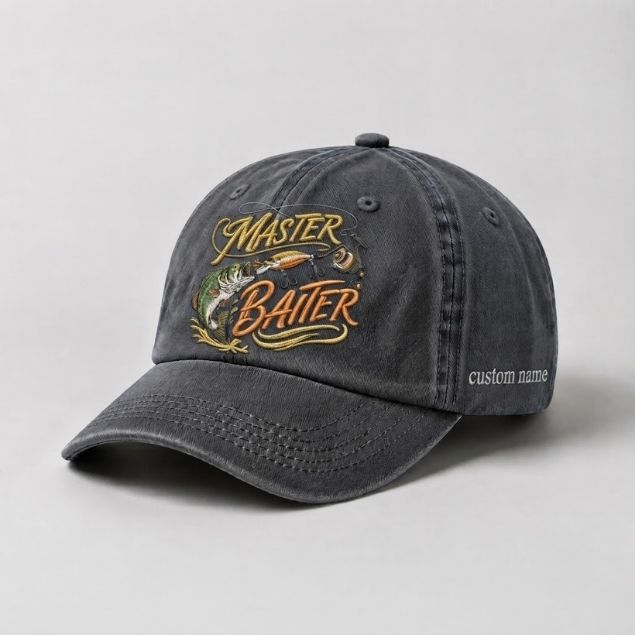 Master Baiter Bass Custom Name Embroidered Fishing Hat, Largemouth Bass Angler Cap