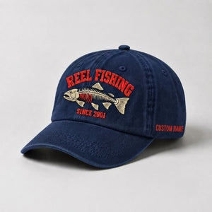 Reel Fishing Since 2001 Custom Name Embroidered Hat, Personalized Vintage Fish Skeleton Stitch Design Cap For Fishing Lovers - 3