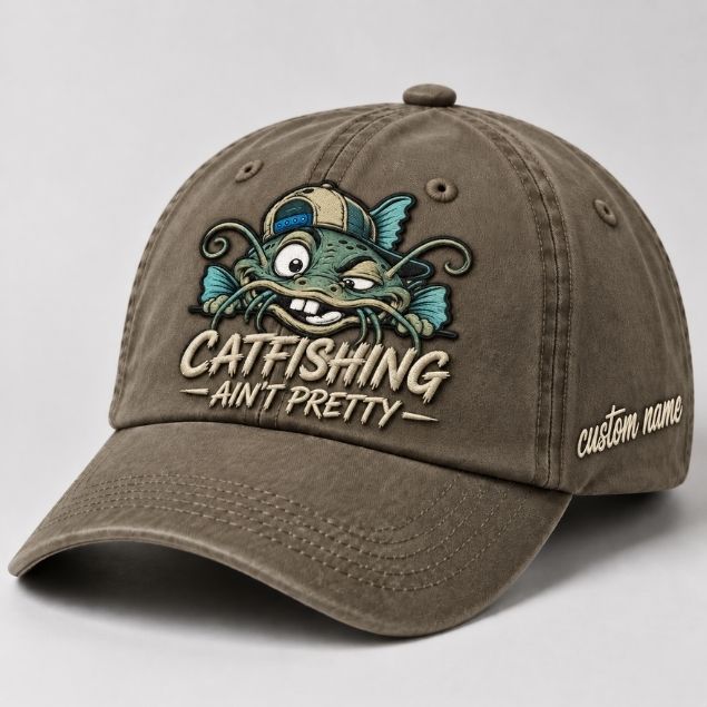 Catfishing Ain'T Pretty Embroidered Dad Hat – Custom Name Personalized Fishing Catfish Graphic Cap, Vintage Outdoor Streetwear Hat