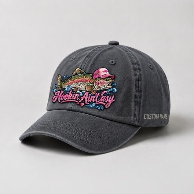 Hookin Ain’t Easy Rainbow Trout Custom Name Embroidered Hat for Women