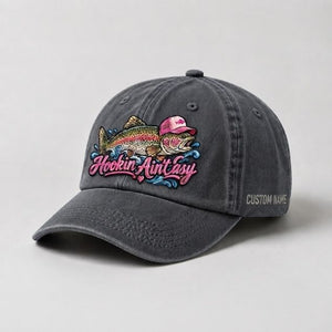 Hookin Ain’t Easy Rainbow Trout Custom Name Embroidered Hat for Women - 1