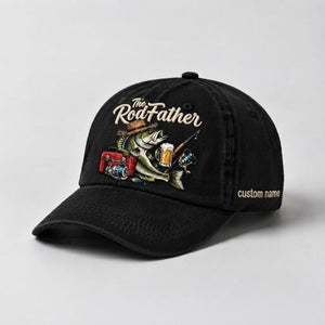 The Rod Father Largemouth Bass Embroidered Hat, Custom Name Fishing Cap, Vintage Bass Fishing Hat - 2