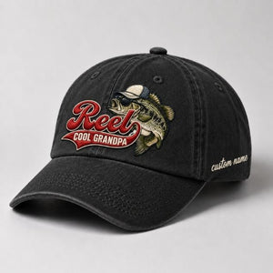 Grandpa Bass Fishing Dad Hat, Custom Name Embroidered Baseball Cap - 1