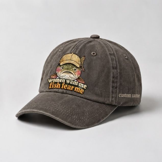 Women Want Me Fish Fear Me Rainbow Trout Embroidered Custom Name Funny Grumpy Fishing Cap
