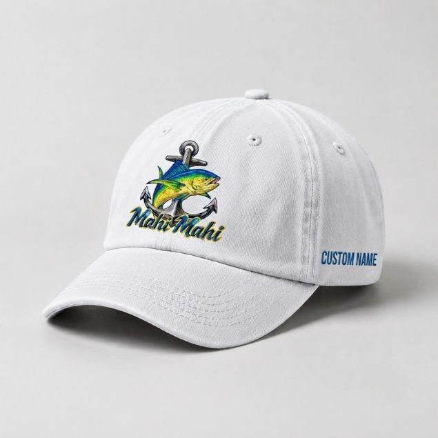 Mahi Mahi Custom Name Embroidered Fishing Hat, Dorado Fish Anchor Cap