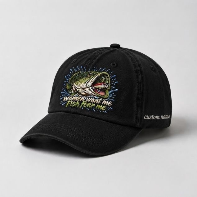 Women Want Me Fish Fear Me Largemouth Bass Custom Name Embroidered Fishing Cap, Funny Bass Lure Angler Gift