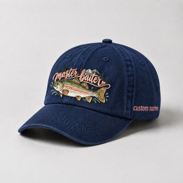 Master Baiter Trout Custom Name Embroidered Hat for Women, Cute Rainbow Trout Fish Embroidery Cap