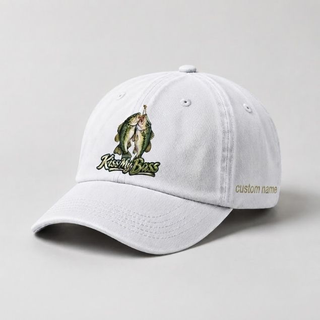 Kiss My Bass Custom Name Embroidered Hat, Largemouth Double Bass Fishing Cap