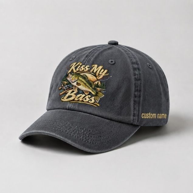 Kiss My Bass Custom Name Embroidered Hat, Largemouth Bass Fishing Rod Cap,