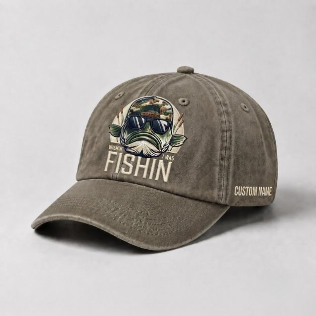 Wishin' I Was Fishin Custom Name Embroidered Hat, Personalized Funny Bass Fishing Cap with Vintage Angler Stitch Design