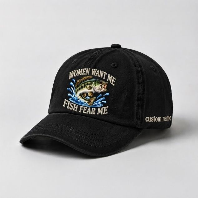 Women Want Me Fish Fear Me Jumping Bass Custom Name Embroidered Fishing Cap, Angler Gift