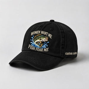 Women Want Me Fish Fear Me Jumping Bass Custom Name Embroidered Fishing Cap, Angler Gift - 2