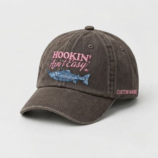 Hookin' Ain'T Easy Trout Fishing Embroidered Hat, Custom Name Hat  Fisherman Gift For Women
