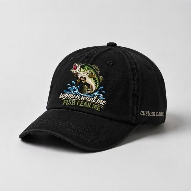 Women Want Me Fish Fear Me Largemouth Bass Embroidered Custom Name Fishing Cap, Bass Fishing Gift