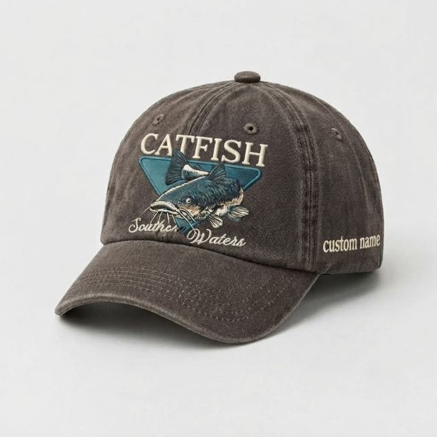 Catfish Hat Souther Waters Custom Name Embroidered, Personalized Fishing Dad Hat, River Angler Baseball Cap, Fisherman Gift