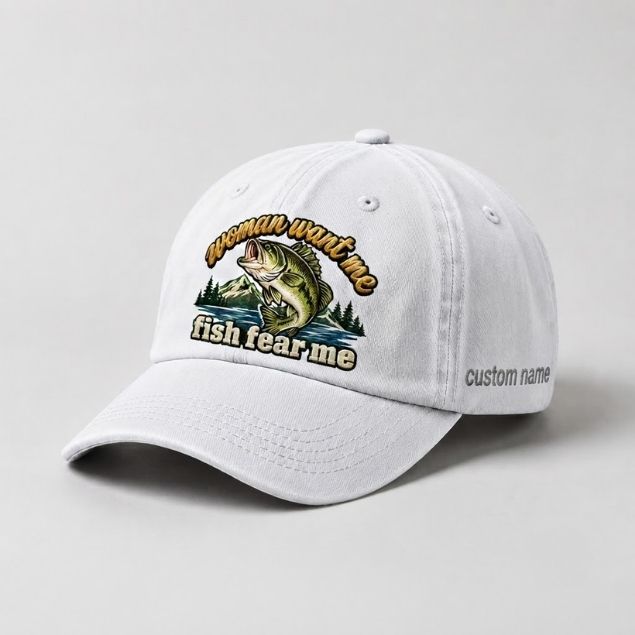 Women Want Me Fish Fear Me Largemouth Bass Embroidered Custom Name Fishing Cap, Mountain Lake Fishing Gift