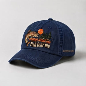 Women Want Me Fish Fear Me Brown Trout Embroidered Custom Name Fly Fishing Cap, Vintage Trout Fishing Gift - 3