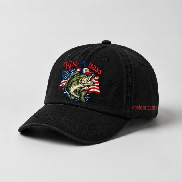 Kiss My Bass Custom Name Embroidered Hat Largemouth Bass USA Flag Fishing Cap