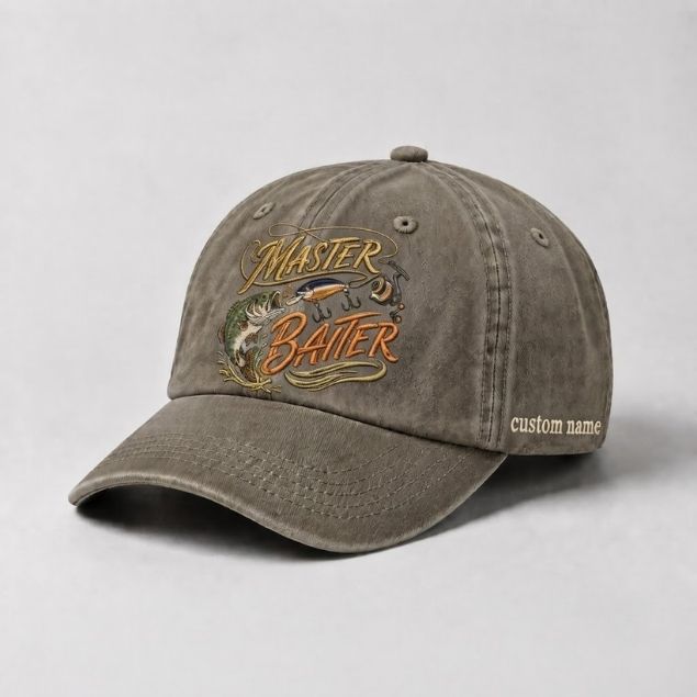 Master Baiter Bass Custom Name Embroidered Fishing Hat, Largemouth Bass Angler Cap