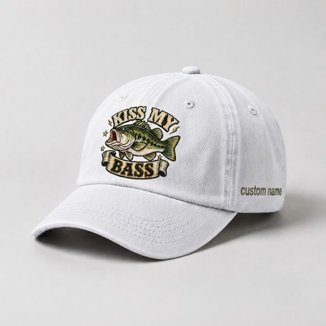 Kiss My Bass Custom Name Embroidered Hat Largemouth Bass Fishing Cap