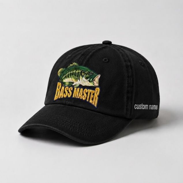 Master Baiter Bass Fishing Hat, Largemouth Bass Embroidered Cap with Custom Name