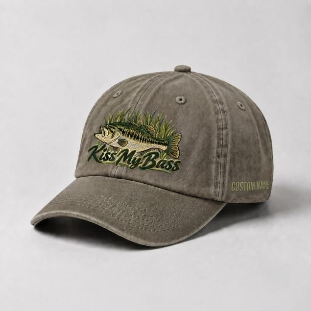 Kiss My Bass Hat Custom Name Embroidered Largemouth Bass Fishing, Fisherman Gift