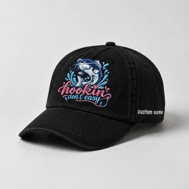 Hookin Ain't Easy Bass Fish Embroidered Hat, Custom Name Fishing Cap for Women