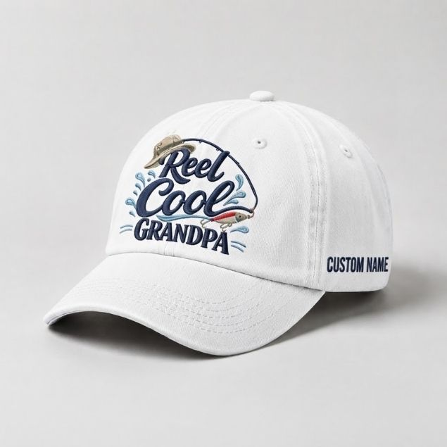 Reel Cool Grandpa Custom Name Embroidered Hat, Vintage Washed Fishing Grandpa Cap, Angler Grandfather Gift