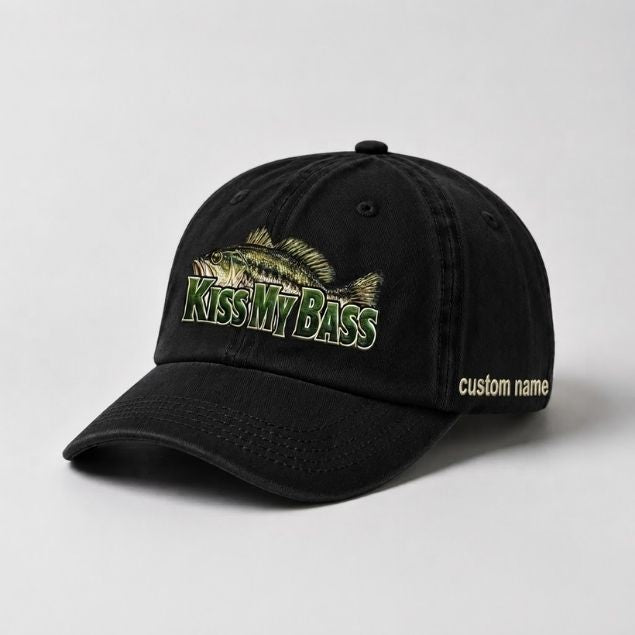 Kiss My Bass Custom Name Embroidered Hat, Largemouth Bass Fishing Cap Gift