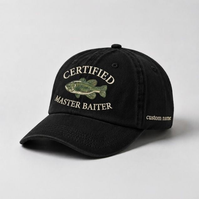 Certified Master Baiter Embroidered Hat, Custom Name Fishing Hat, Funny Bass Fishing Cap, Outdoor Angler Gift