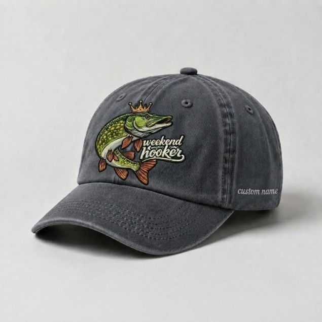 Weekend Hooker Hat Pike Fishing Cap Custom Name Embroidered, Northern Pike Angler Gift