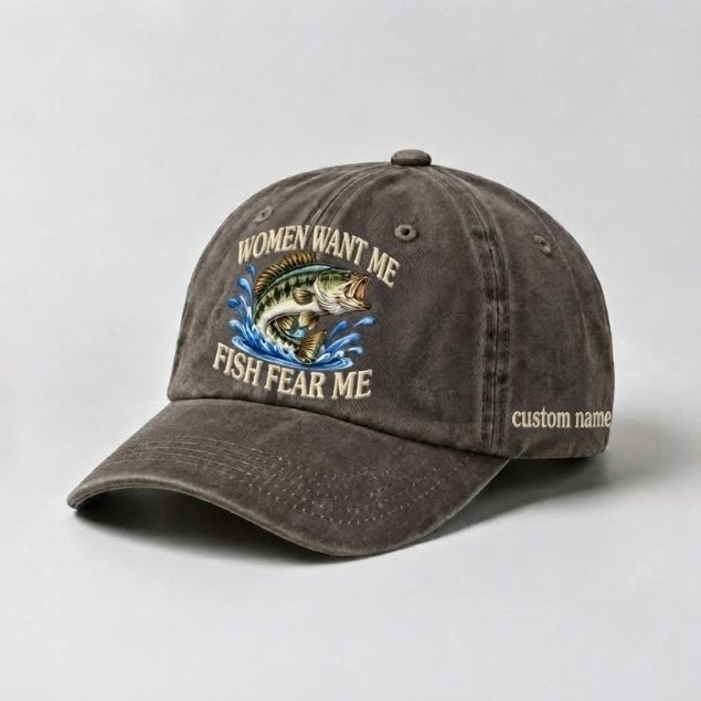 Women Want Me Fish Fear Me Jumping Bass Custom Name Embroidered Fishing Cap, Angler Gift