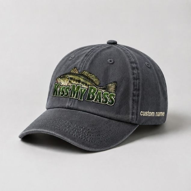 Kiss My Bass Custom Name Embroidered Hat, Largemouth Bass Fishing Cap Gift