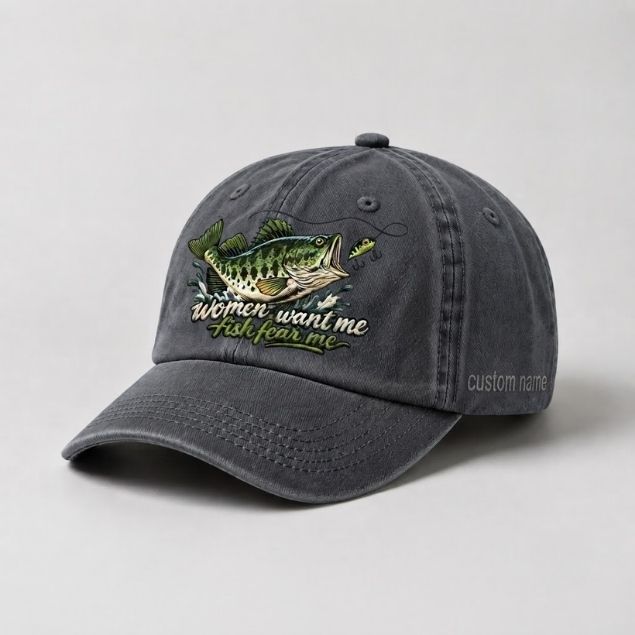 Women Want Me Fish Fear Me Largemouth Bass Custom Name Embroidered Fishing Hat, Bass Fishing Lover Gift