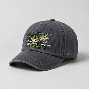Women Want Me Fish Fear Me Largemouth Bass Custom Name Embroidered Fishing Hat, Bass Fishing Lover Gift - 1