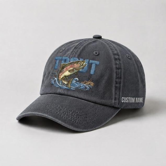 Trout Custom Name Embroidered Hat, Vintage Washed Fishing Dad Cap, Angler Fishing Lover Gift
