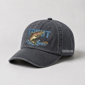 Trout Custom Name Embroidered Hat, Vintage Washed Fishing Dad Cap, Angler Fishing Lover Gift - 1