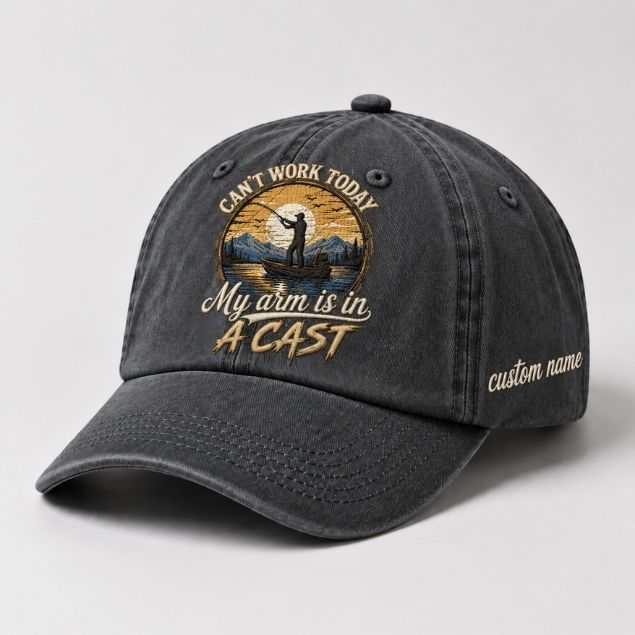 Can't Work Today My Arm Is In A Cast Embroidered Fishing Hat, Custom Name Personalized Baseball Cap, Angler Boat Sunset Embroidery Hat