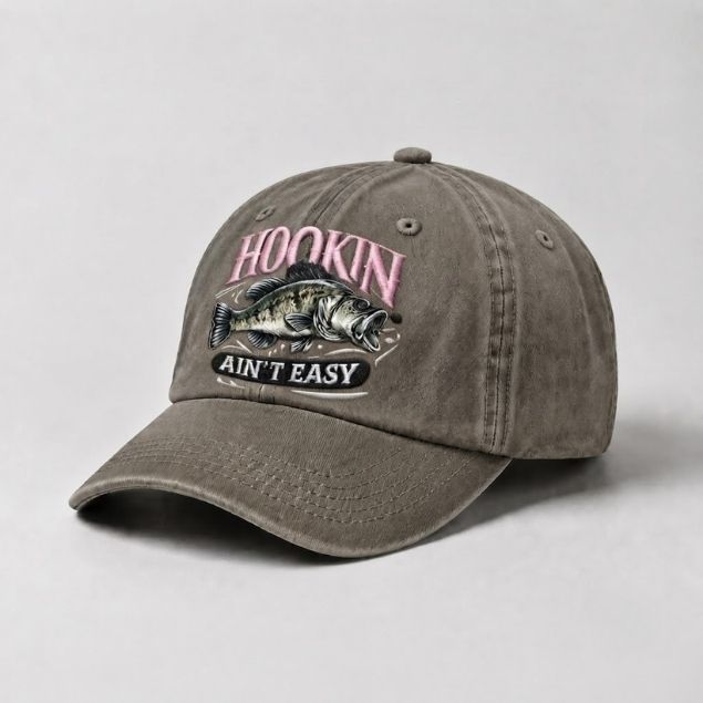 Hookin Ain'T Easy Bass Fishing Embroidered Cap With Custom Name, Washed Cotton Hat For Women