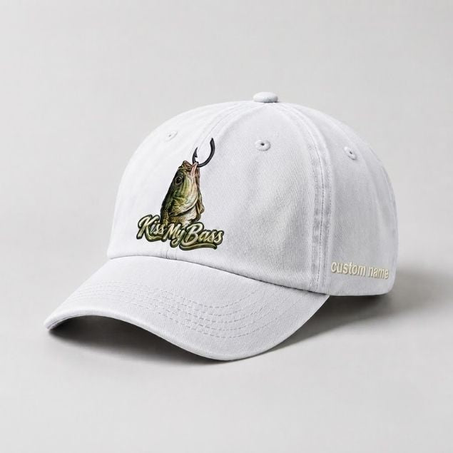 Kiss My Bass Custom Name Embroidered Hat, Hooked Largemouth Bass Fishing Cap