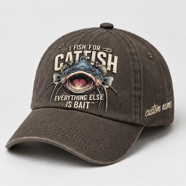 I Fish For Catfish  Everything Else Is Bait Embroidered Baseball Cap, Custom Name Fishing Hat, Vintage Catfish Graphic Trucker Style Hat