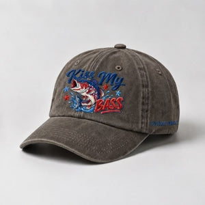 Kiss My Bass Custom Name Embroidered Hat, USA Flag Largemouth Bass Fishing Cap - 5
