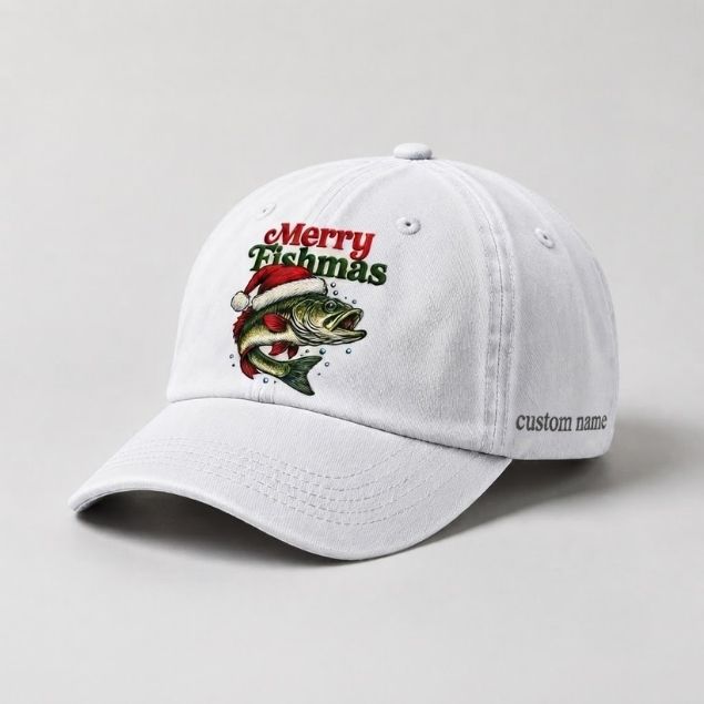 Merry Fishmas Custom Name Embroidered Hat, Personalized Christmas Fishing Cap with Santa Bass Fish Holiday Stitch Design