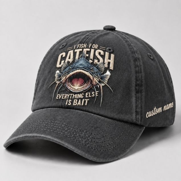 I Fish For Catfish  Everything Else Is Bait Embroidered Baseball Cap, Custom Name Fishing Hat, Vintage Catfish Graphic Trucker Style Hat