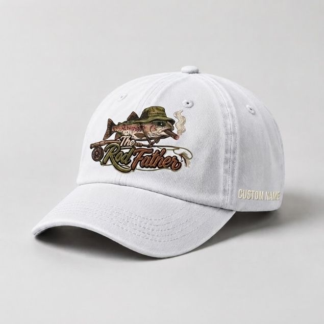 The Rod Father Fishing Custom Name Embroidered Hat, Vintage Washed Cotton Baseball Hat for Anglers