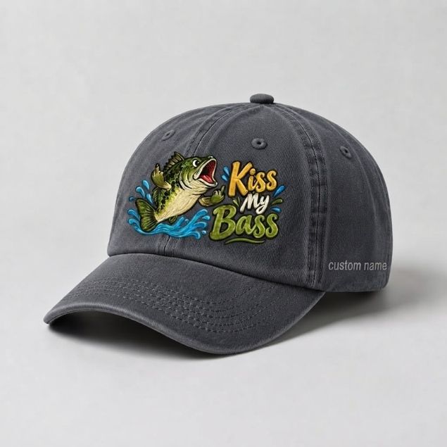 Kiss My Bass Custom Name Embroidered Hat Largemouth Bass Fishing