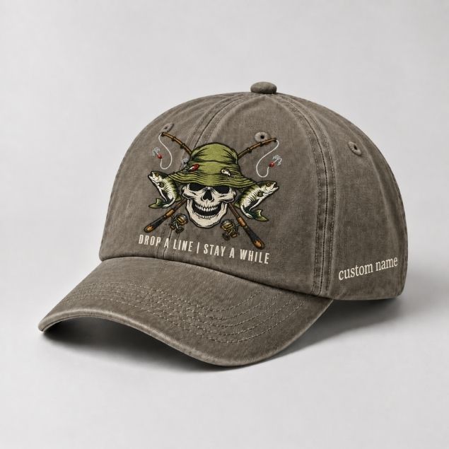 Drop A Line | Stay A While Dad Hat, Personalized Fishing Cap, Custom Name Embroidery Baseball Cap, Outdoor Angler Gift