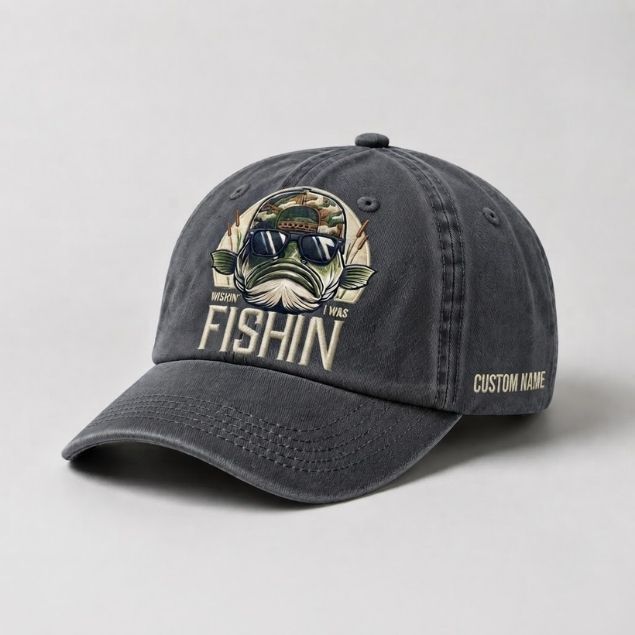 Wishin' I Was Fishin Custom Name Embroidered Hat, Personalized Funny Bass Fishing Cap with Vintage Angler Stitch Design